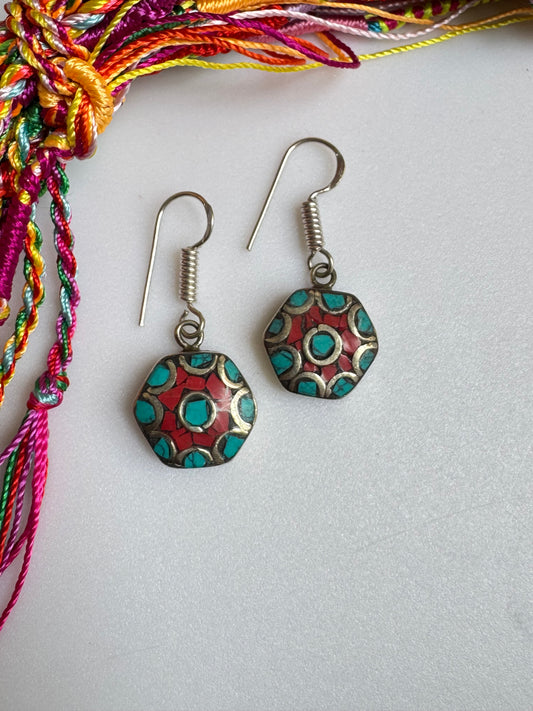Nepali turquoise and red earrings
