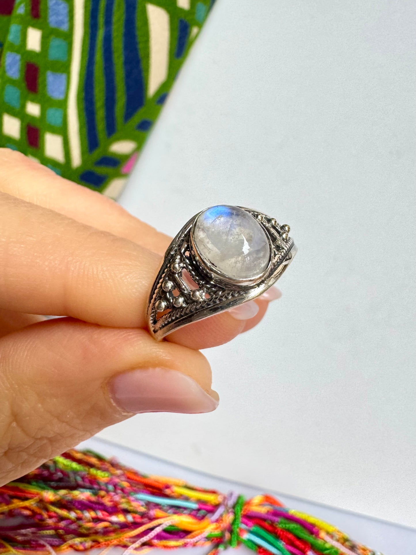 Anello argento 925 Pietra di luna arcobaleno misura 21/22 - 13SZ