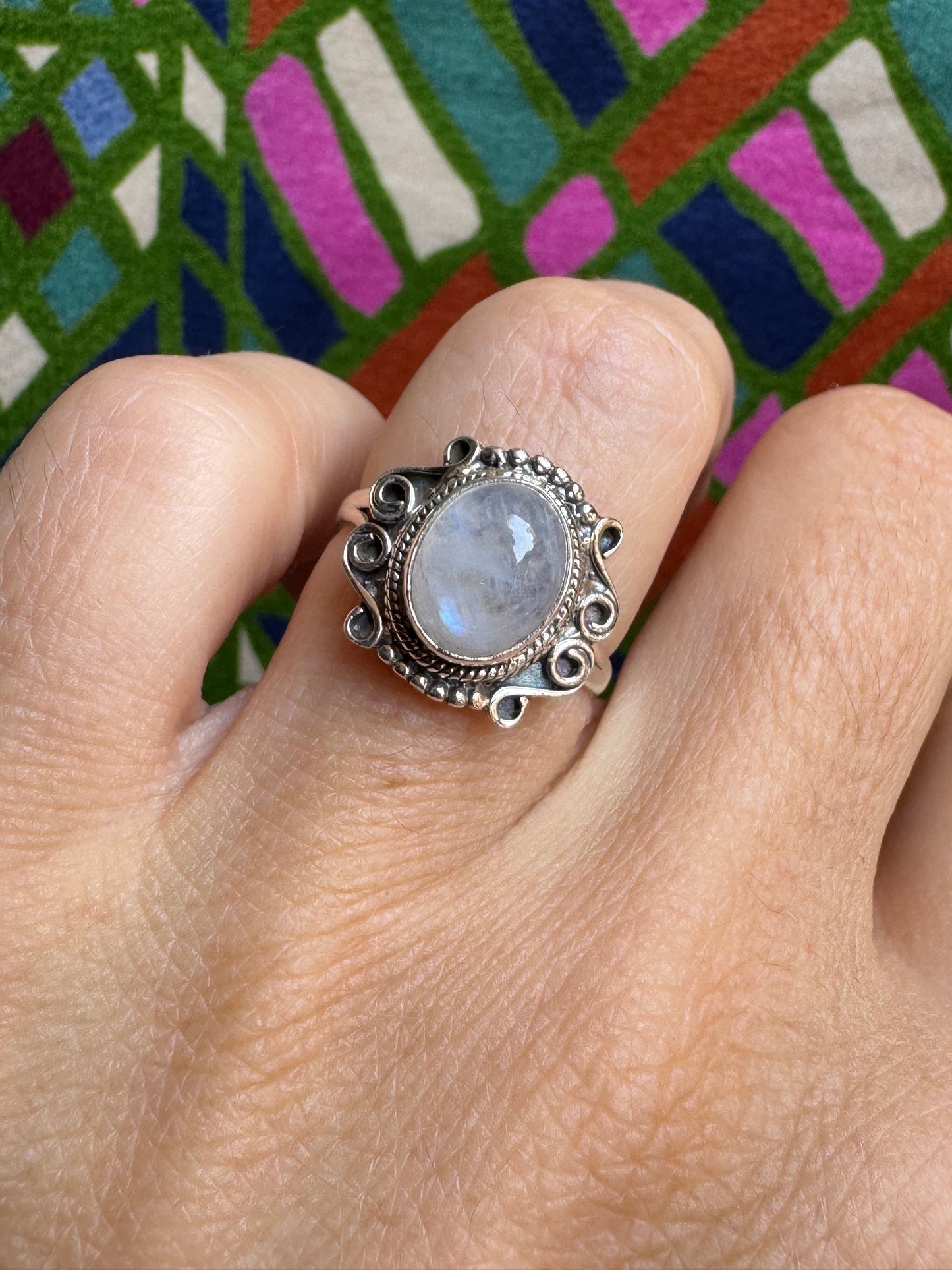 925 Silber Regenbogen Mondstein Ring Größe 14 - G3