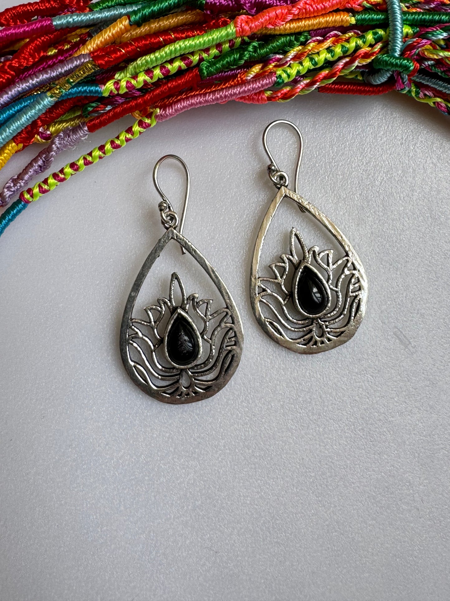 Boho silver onyx lotus flower drop earrings