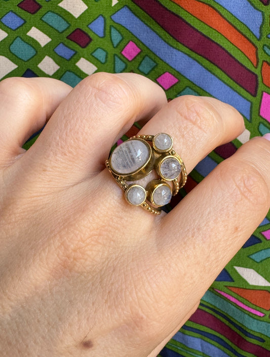 White labradorite golden boho ring