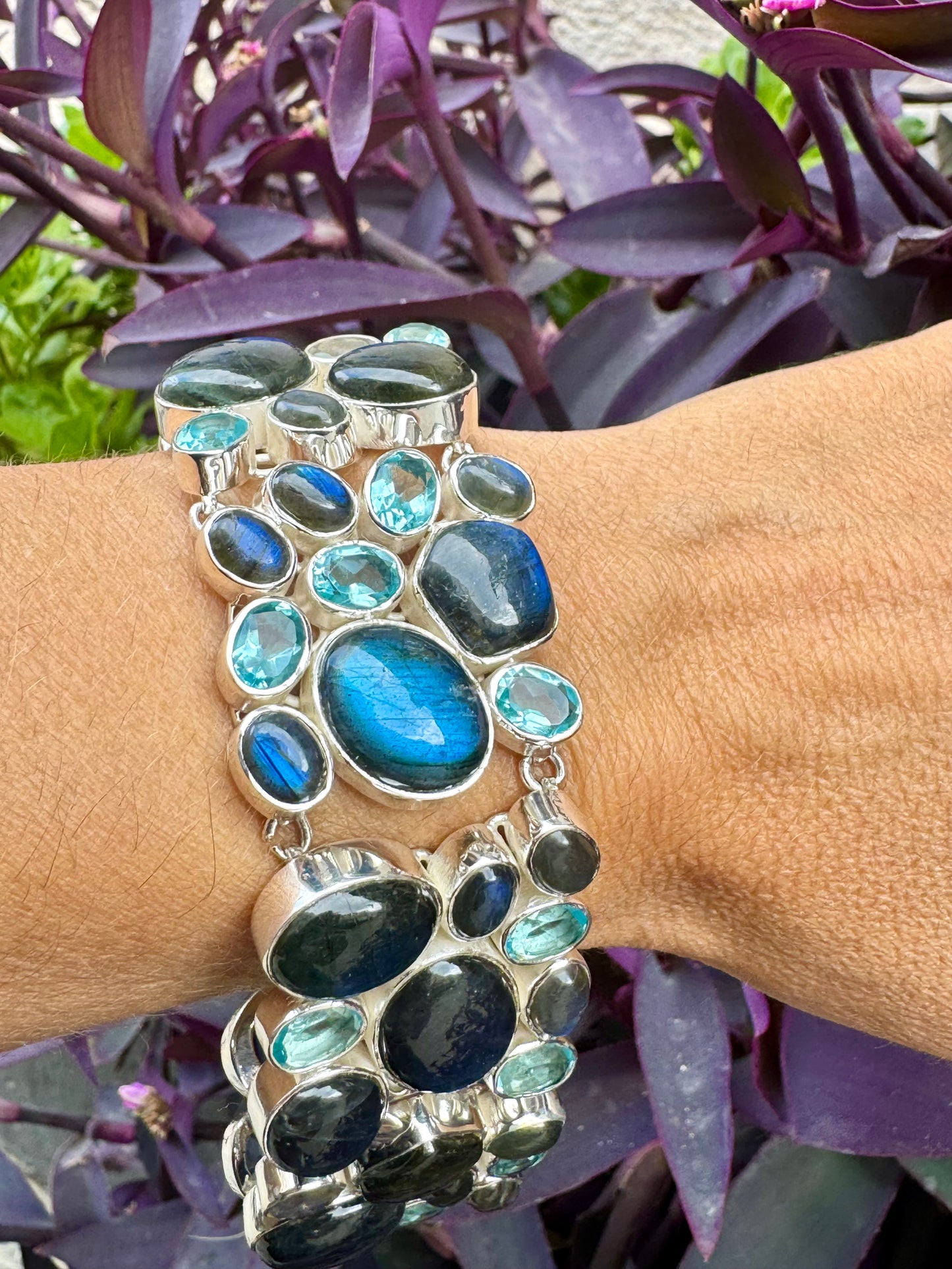 Bracciale polsino argento 925 labradorite - acquamarina