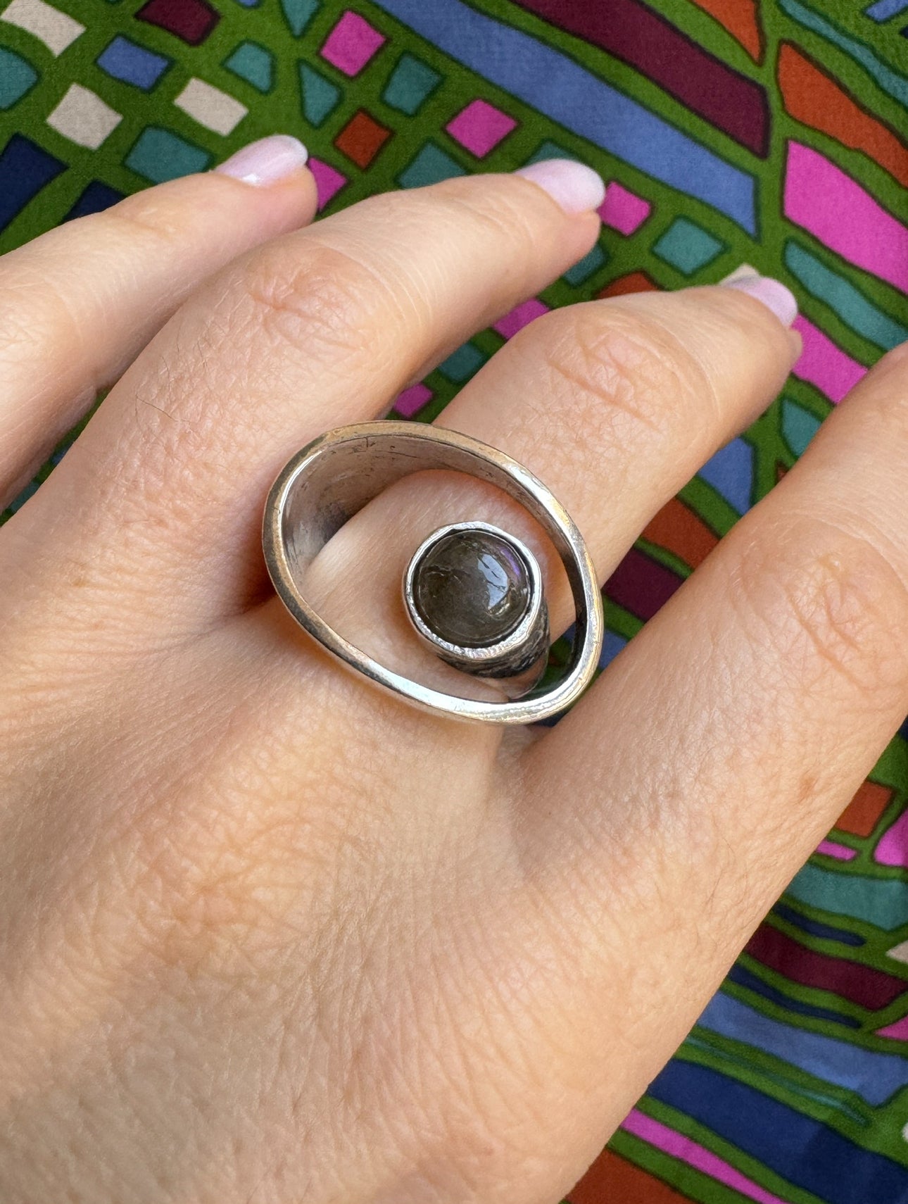 Silver boho ring with labradorite perforated band