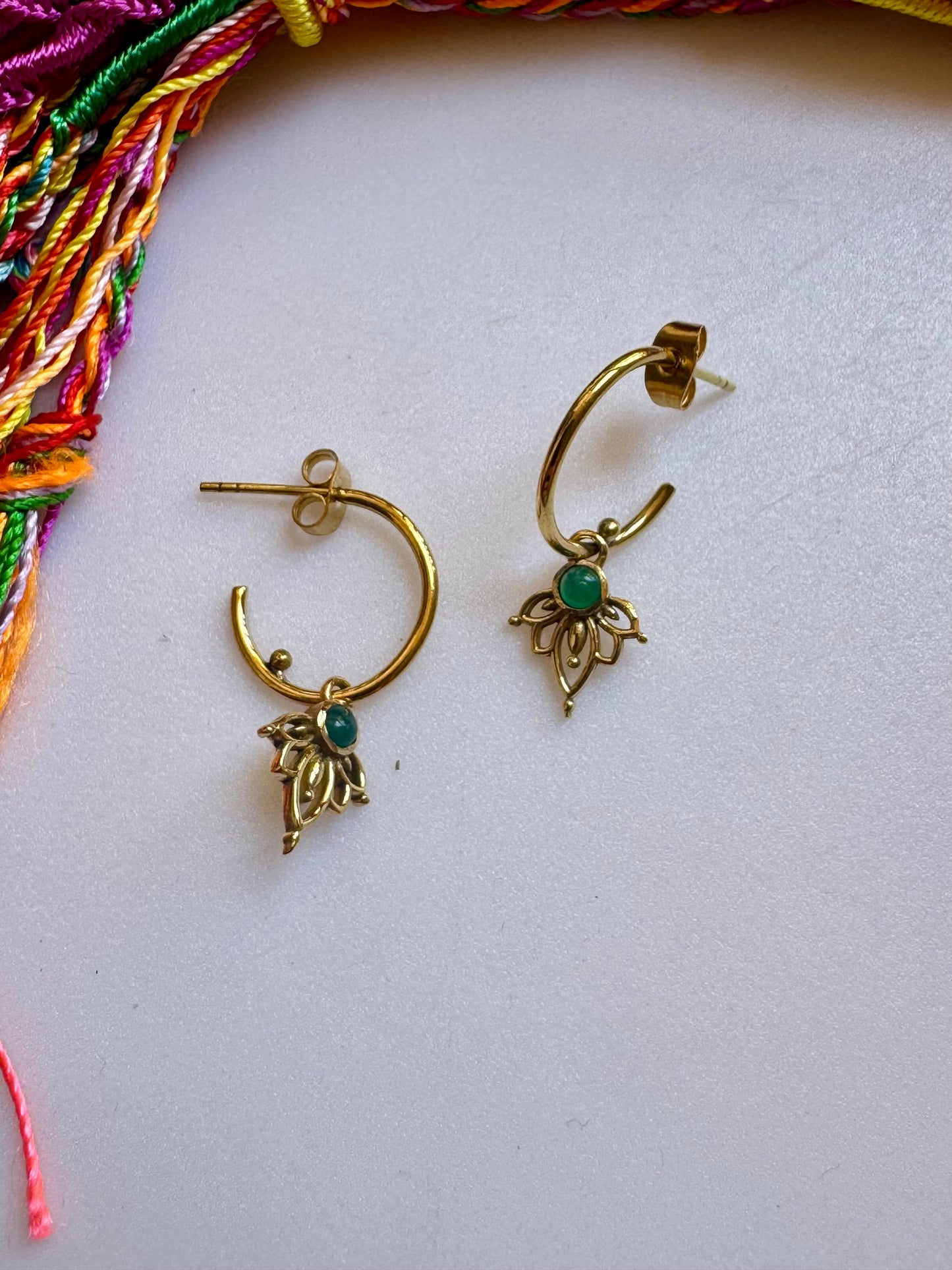 Boho gold earrings with green hoop