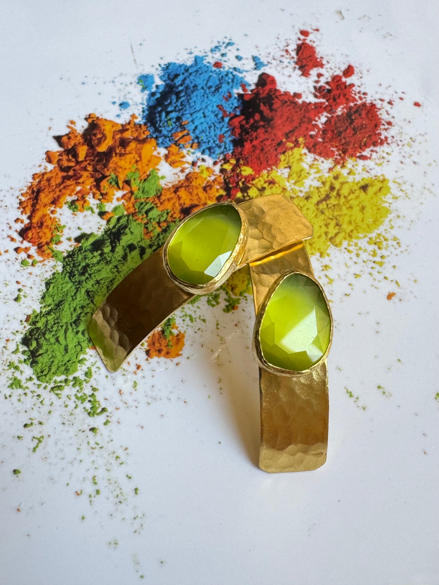 Long acid green shield earrings