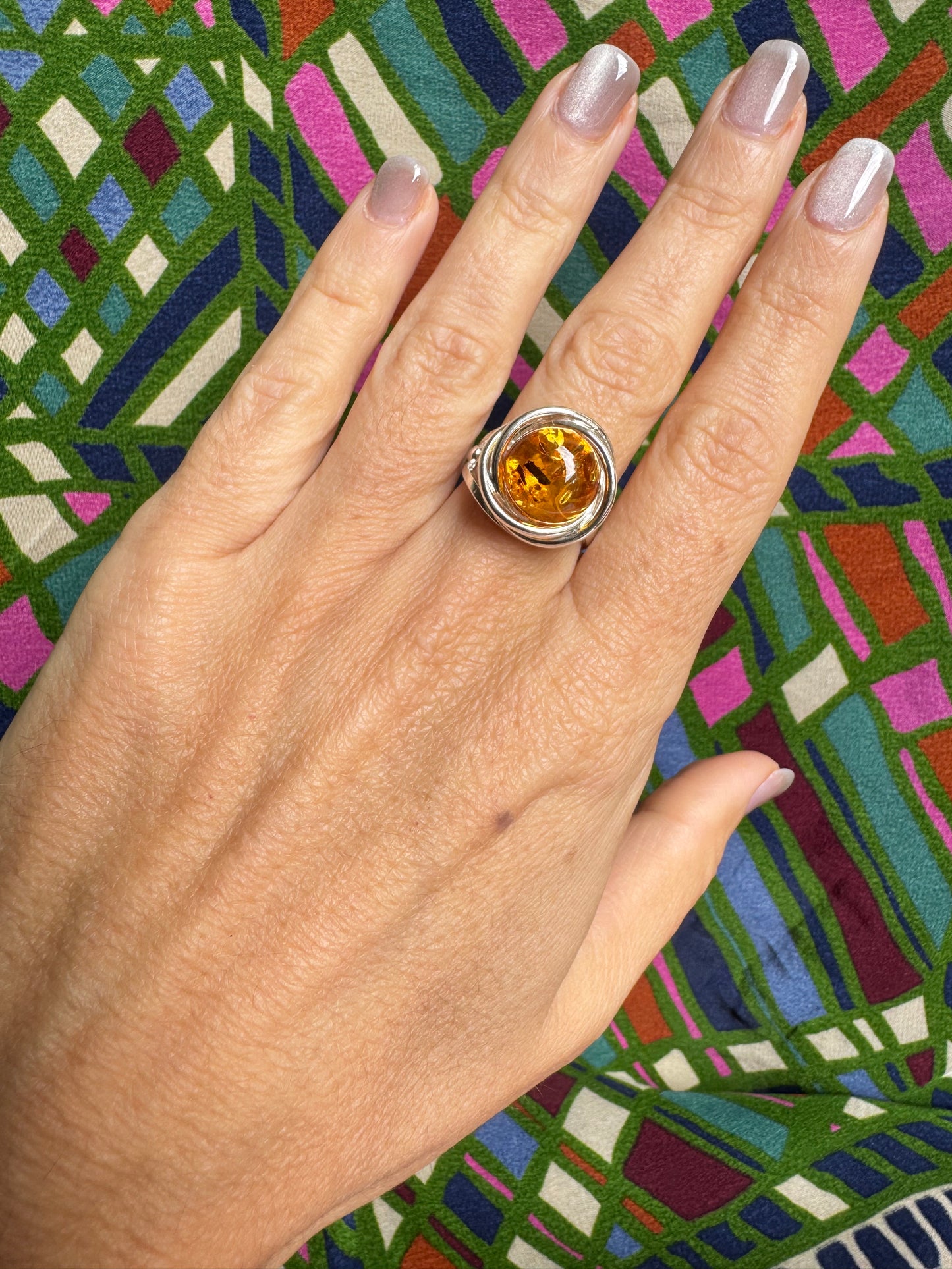 925 silver amber ring size 15 adjustable 55A