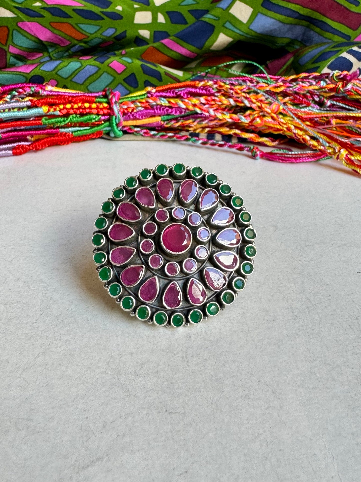 925 silver ring with green onyx flower and ruby ​​root D60