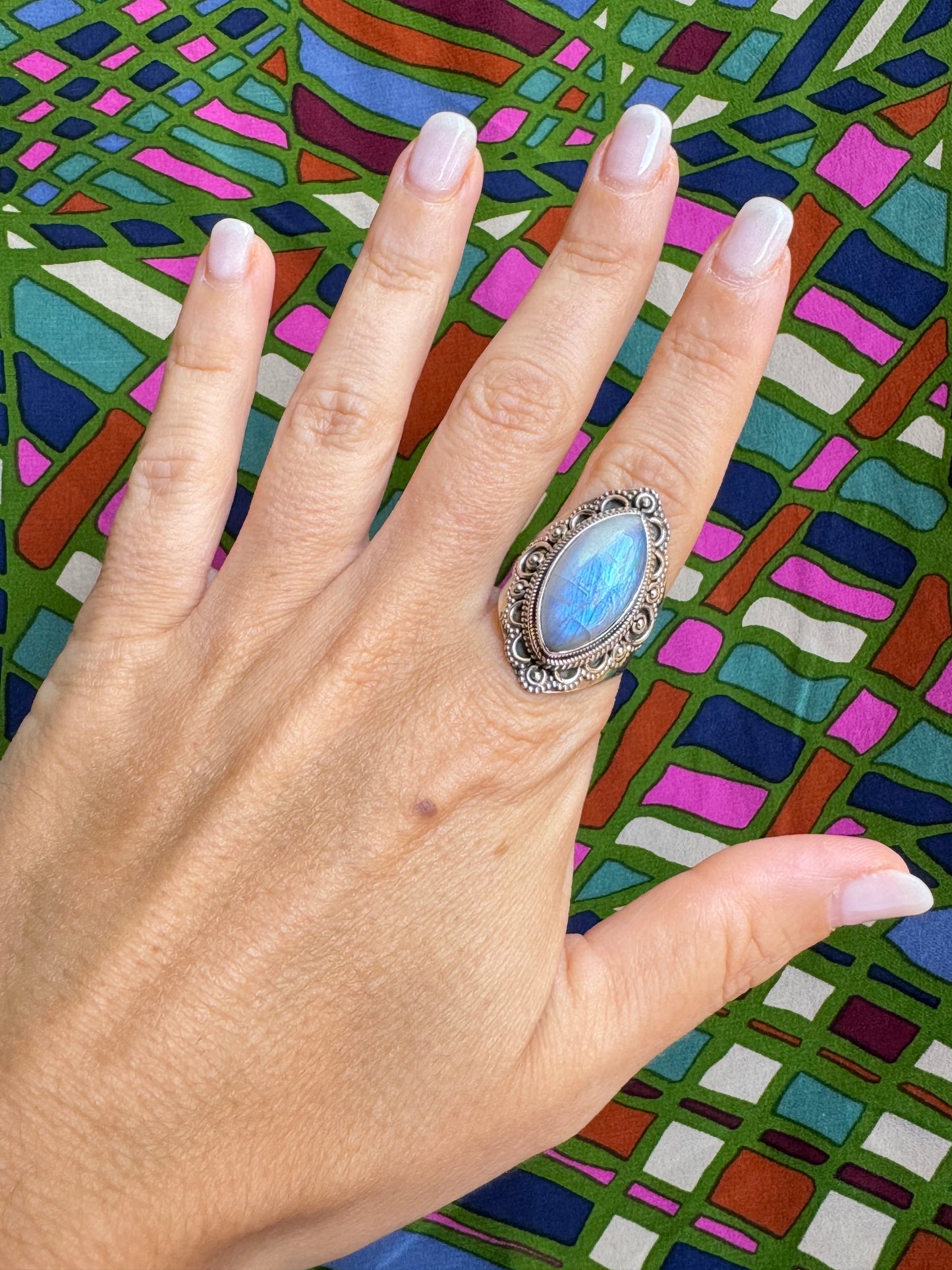 925 silver ring Rainbow moonstone T50