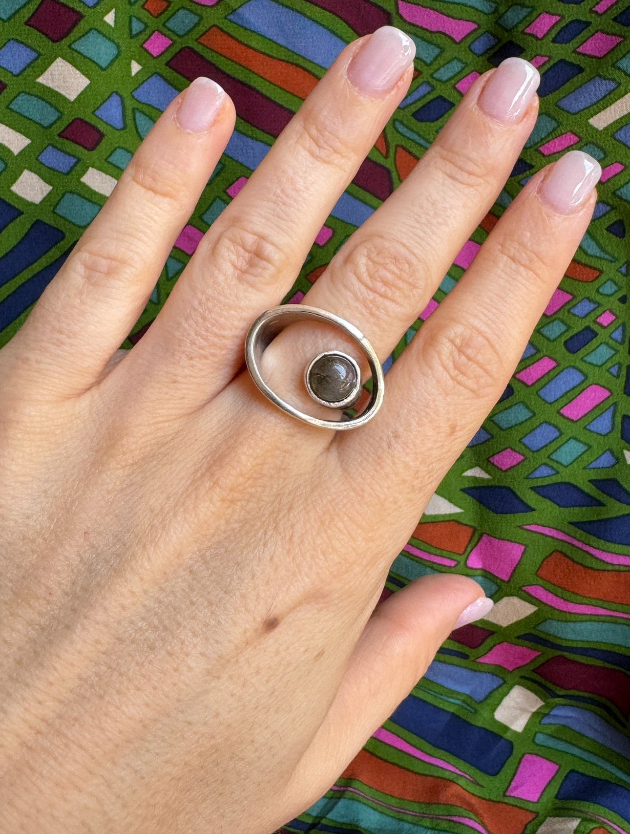 Silver boho ring with labradorite perforated band