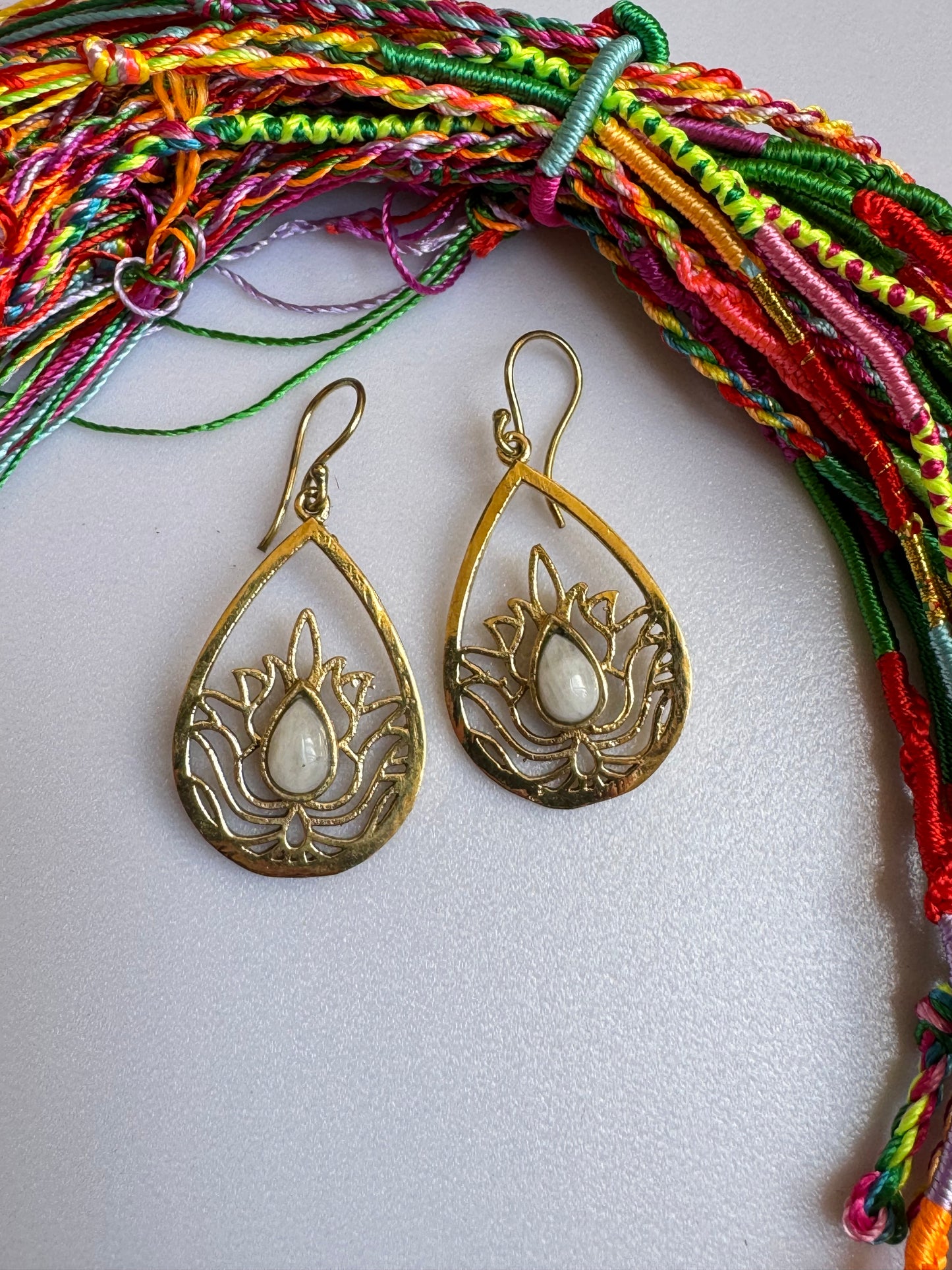 Golden boho moonstone lotus flower drop earrings