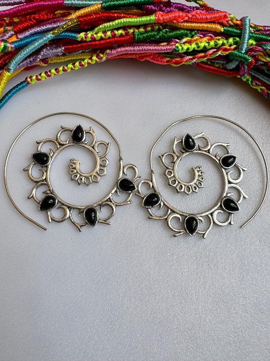 Silver onyx spiral boho earrings