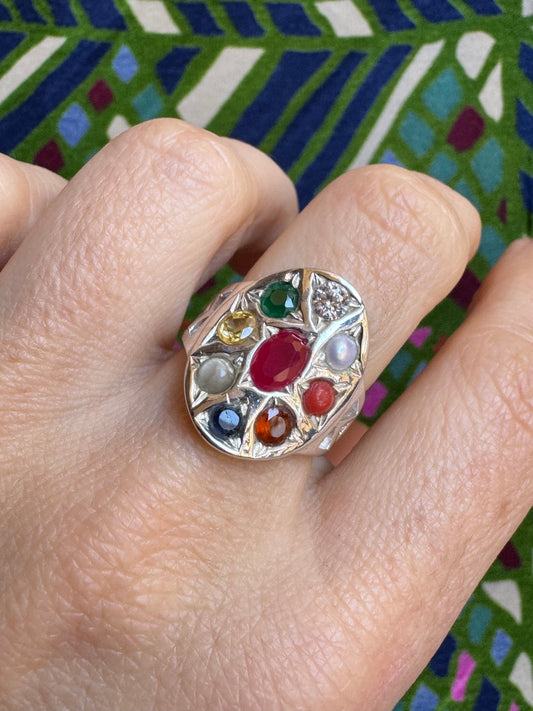 925 Silver Navaratna Ring Size 13 - F83