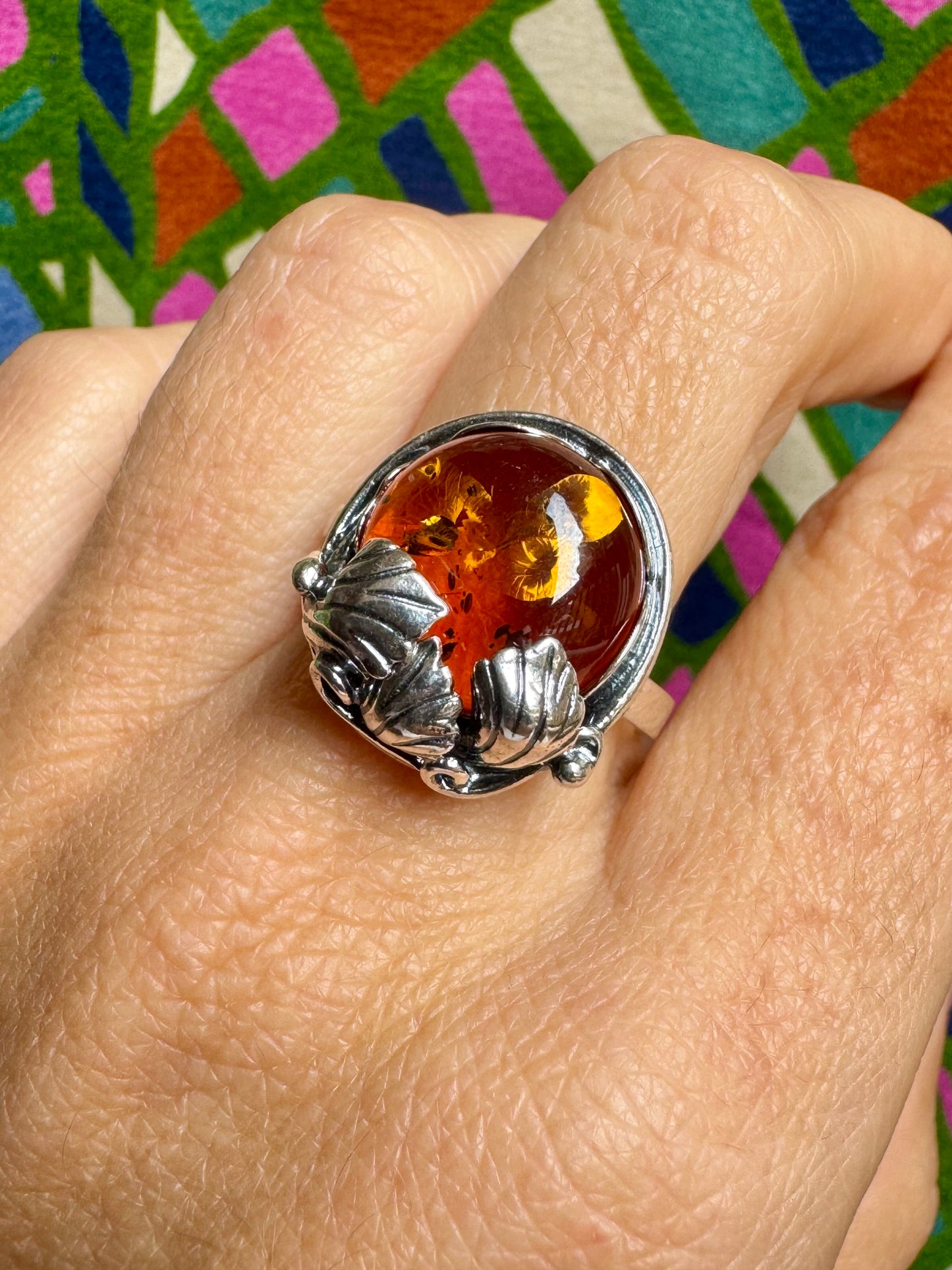 925 silver amber ring size 18 adjustable 44A