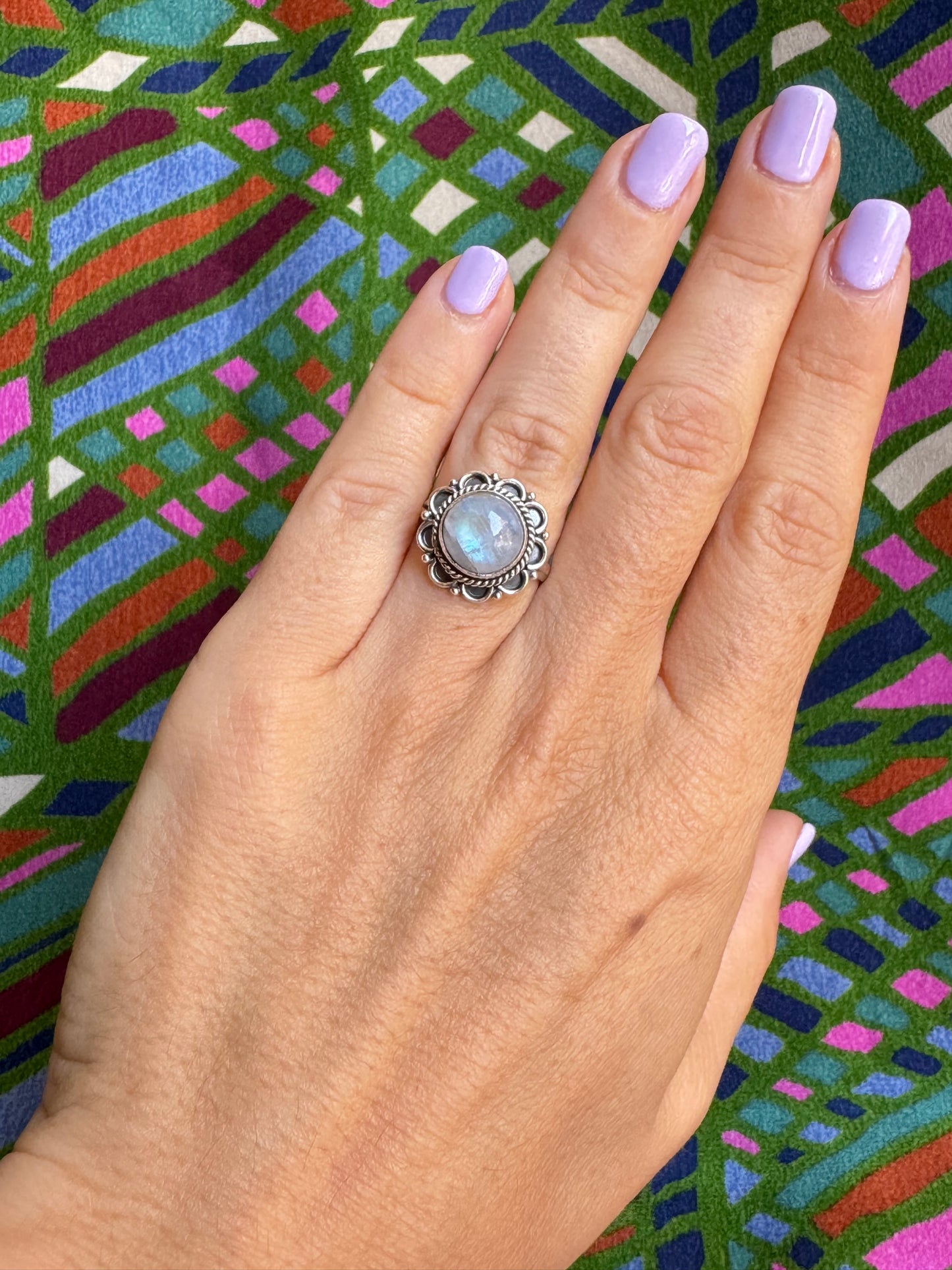 925 Silber Regenbogen Mondstein Ring Größe 14/15 - X27