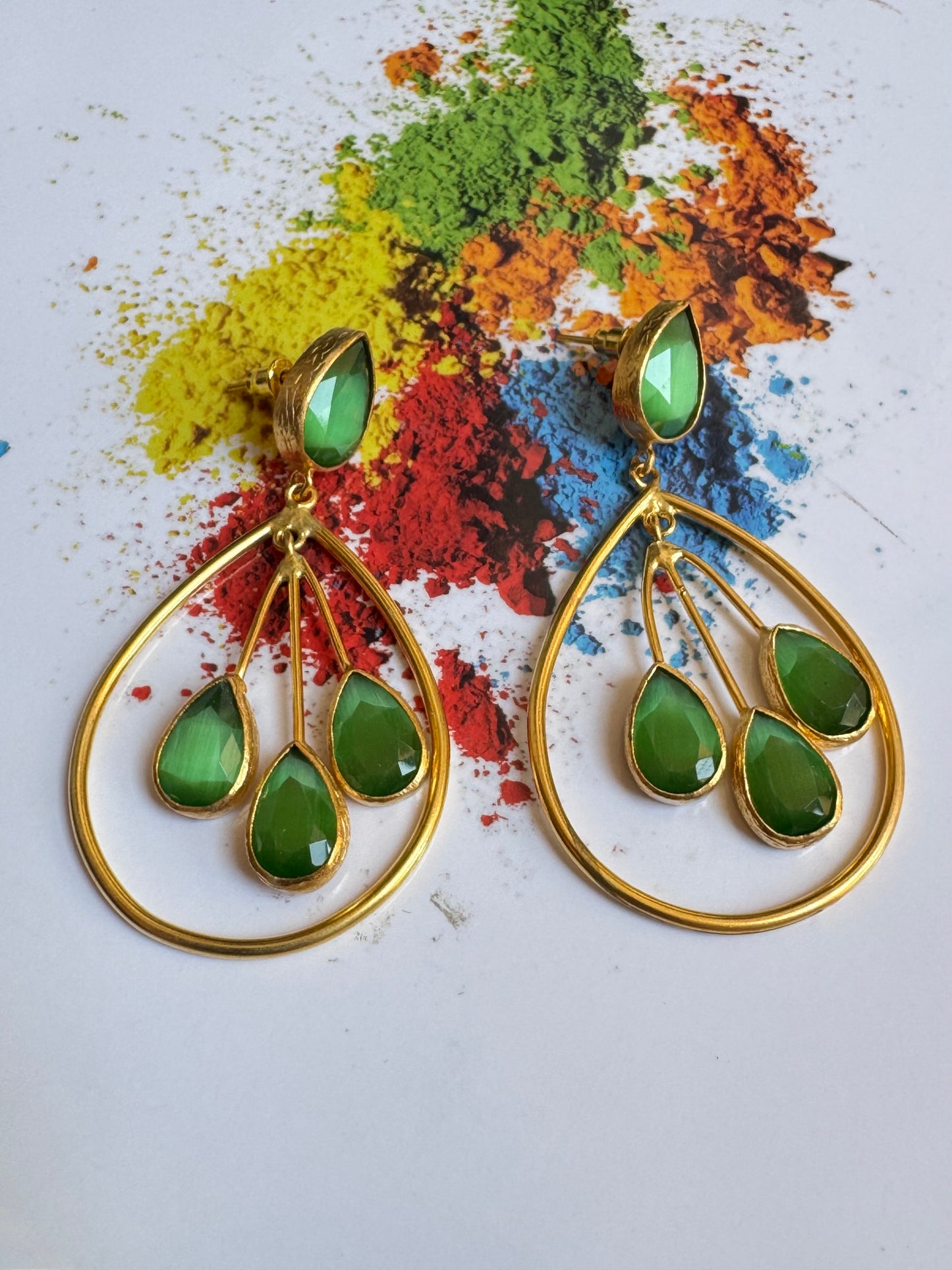 Three-stone green drop earrings