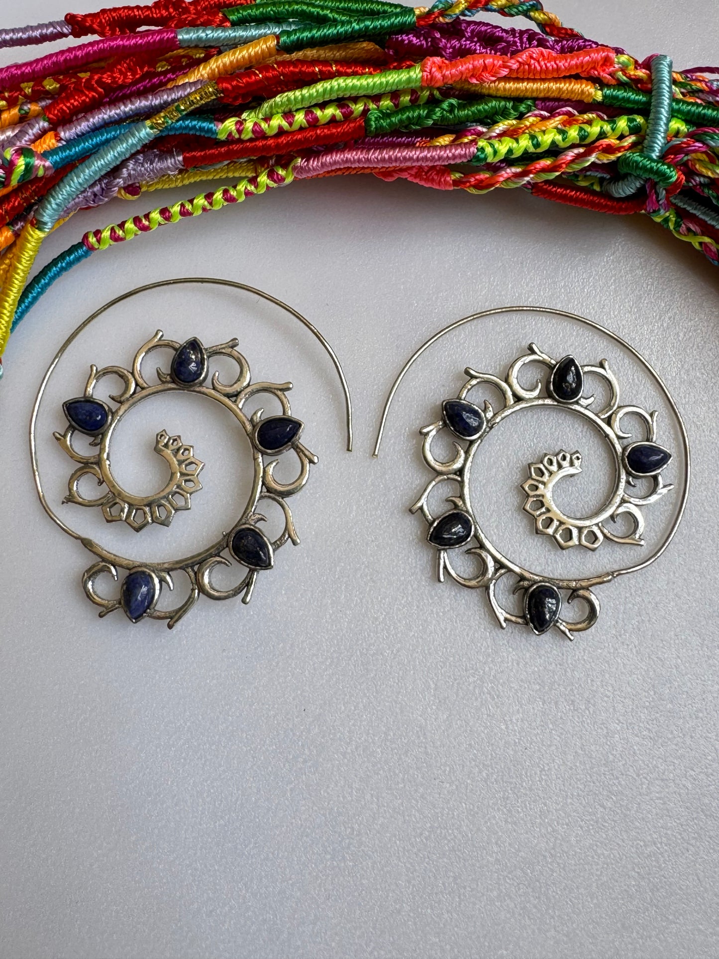 Boho silver lapis spiral earrings