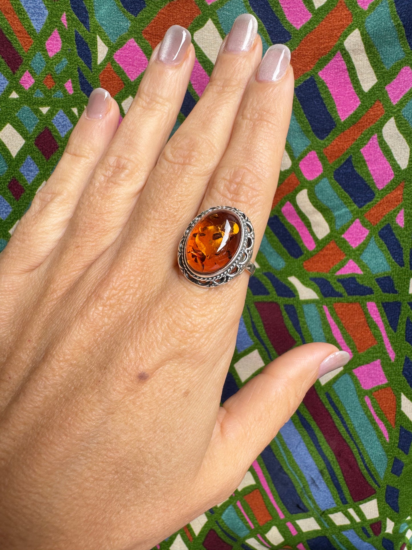 925 silver amber ring size 18 adjustable 47A