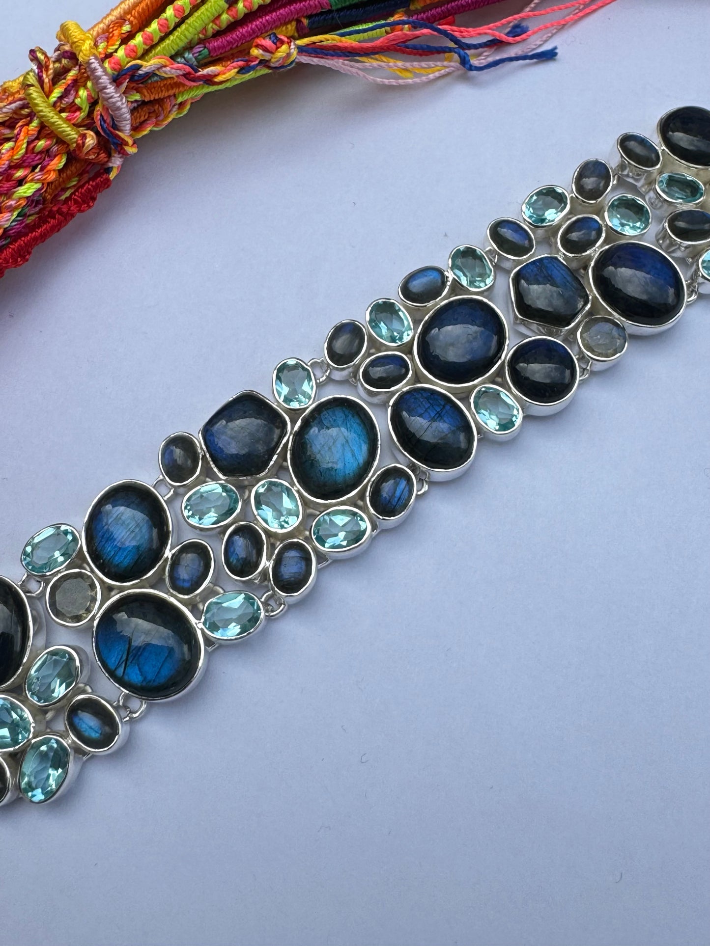 Bracciale polsino argento 925 labradorite - acquamarina