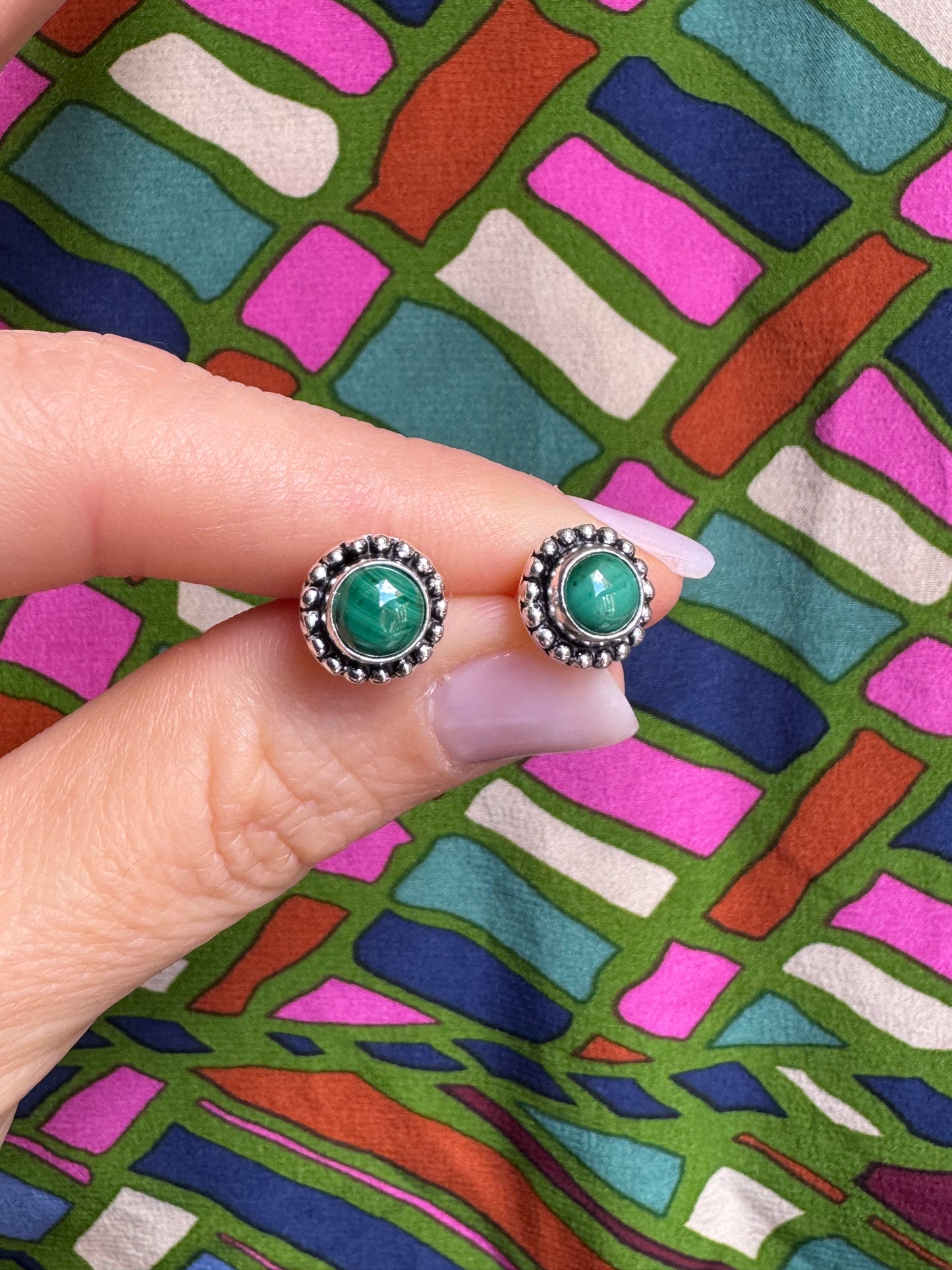 Silver Boho Earrings Green Lobe