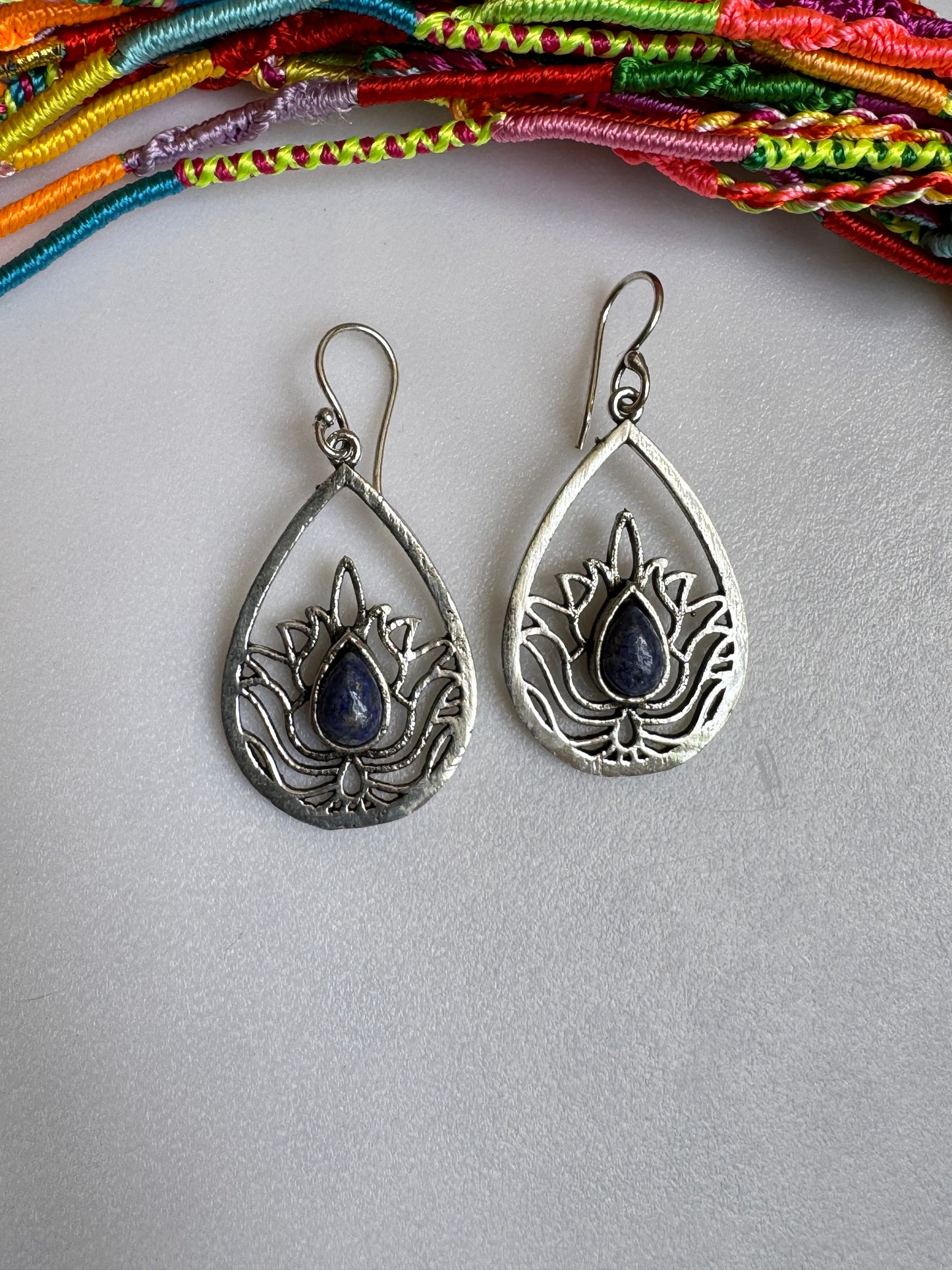 Silver boho earrings with lapis lotus flower drop