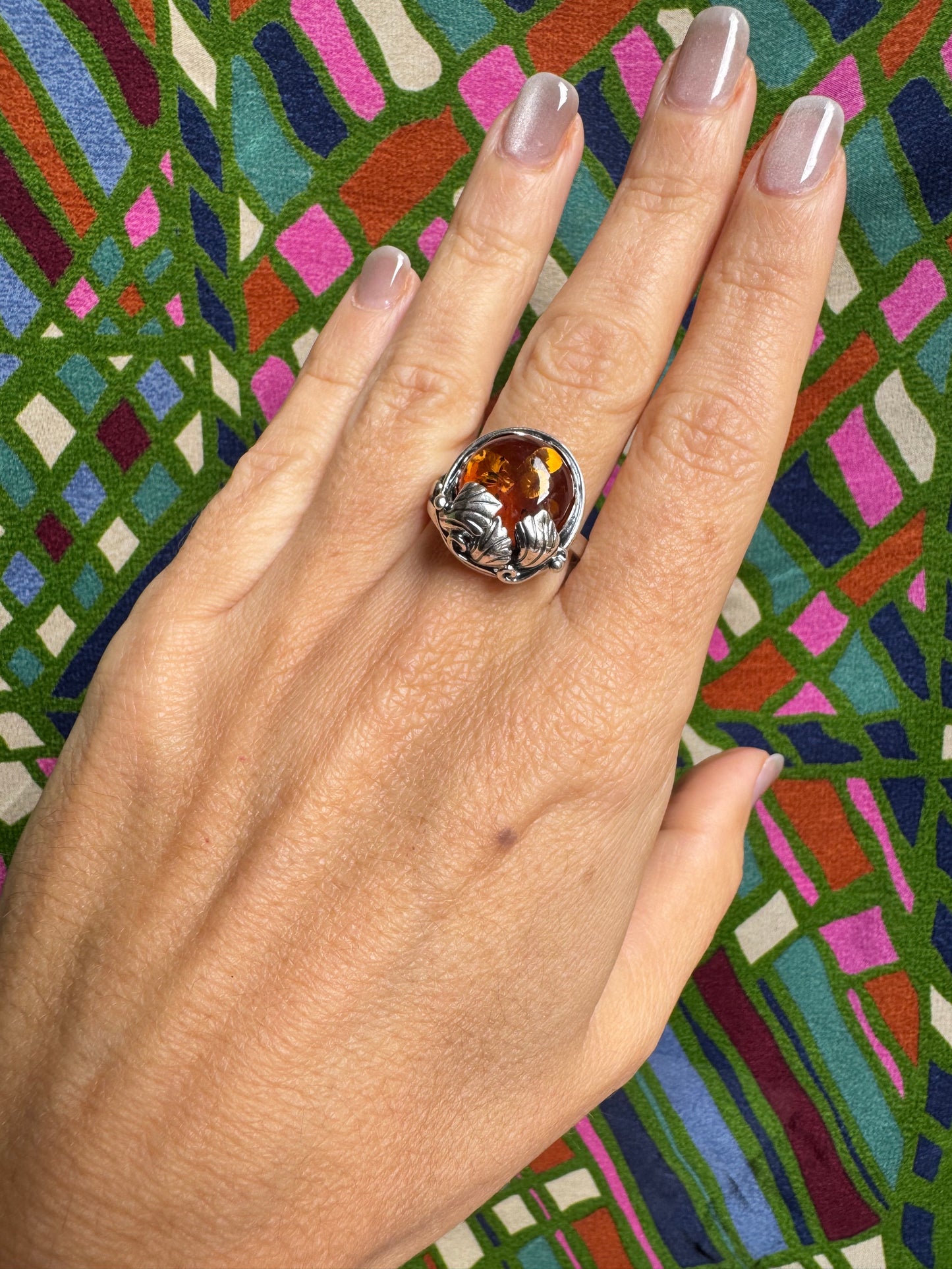 925 silver amber ring size 18 adjustable 44A