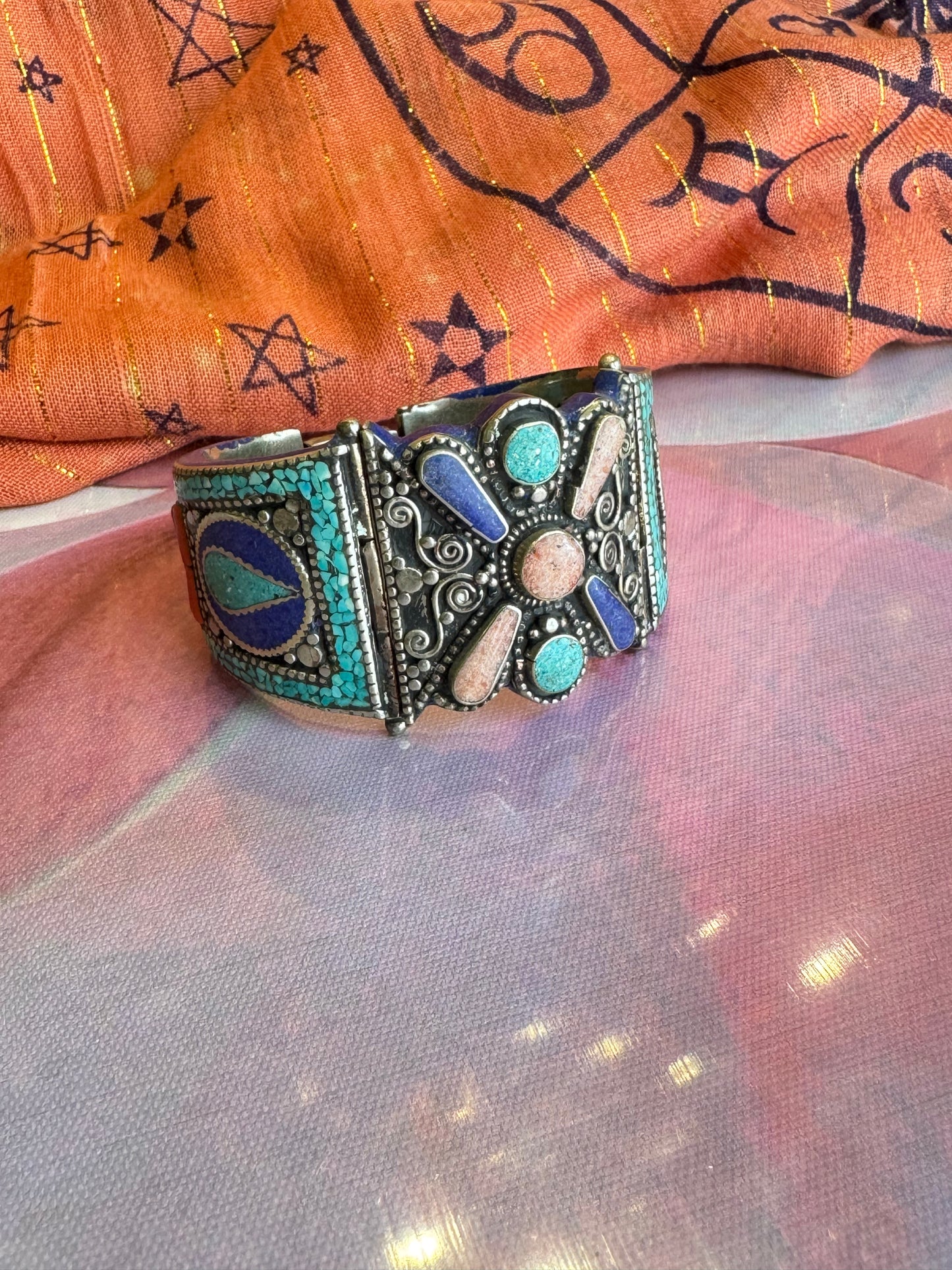 Vintage Nepalese pink and blue turquoise flower bangle bracelet
