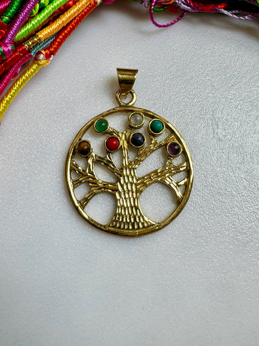 Golden necklace with seven chakra tree of life pendant