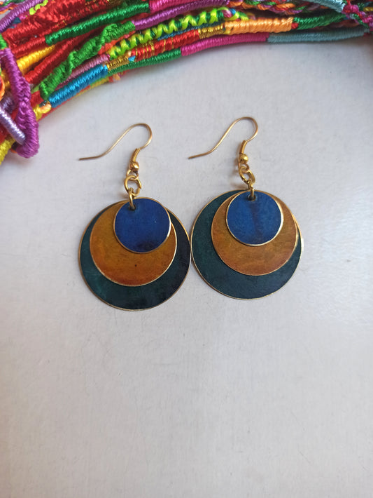 Golden green ocher and blue circle earrings