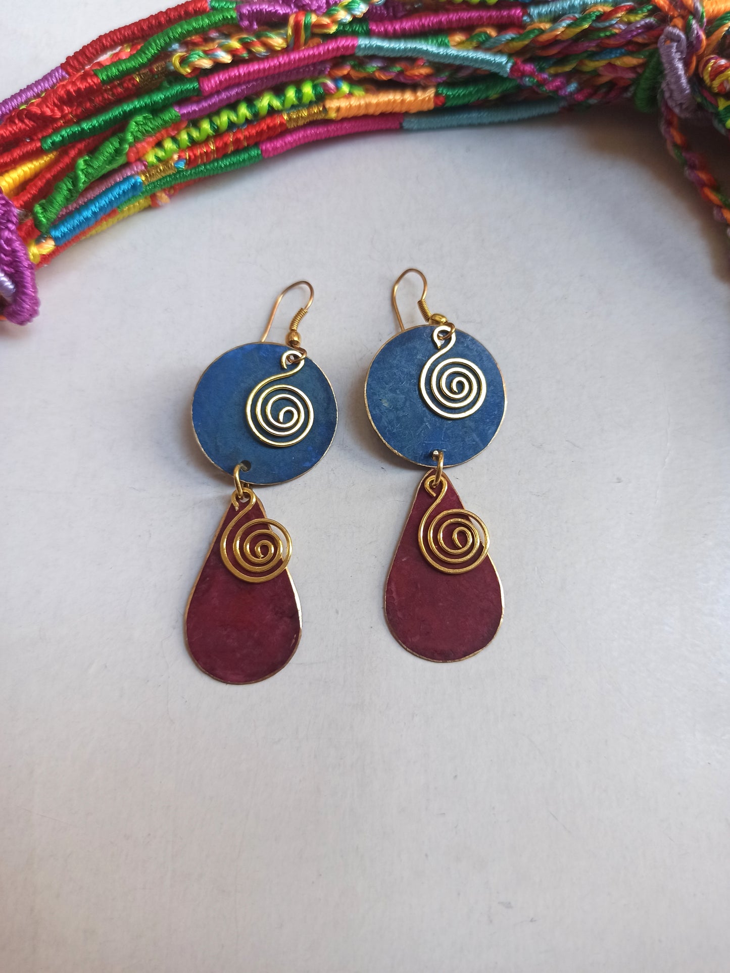 Double blue red golden earrings