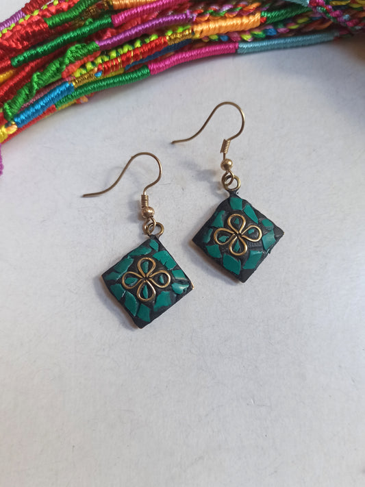 Turquoise green Nepalese mosaic earring