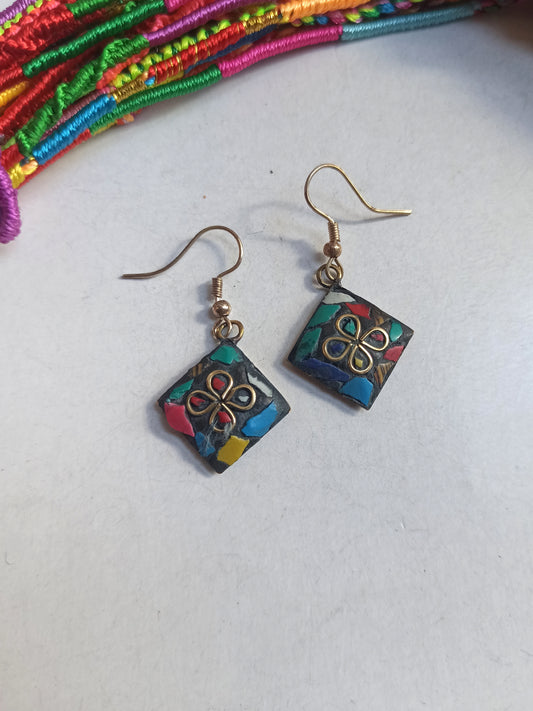 Multicolor Nepalese mosaic rectangle earrings