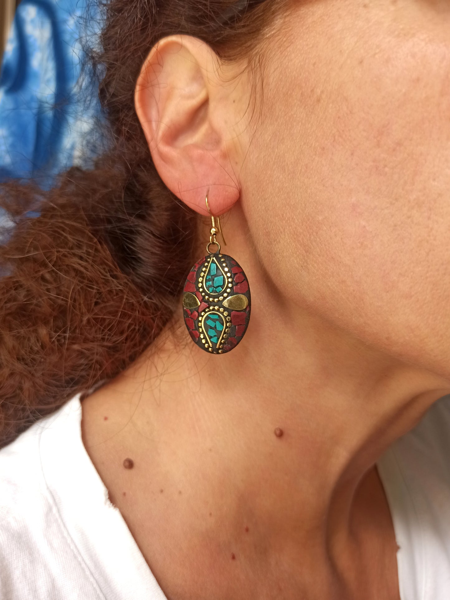 Red and turquoise Nepalese mosaic earrings