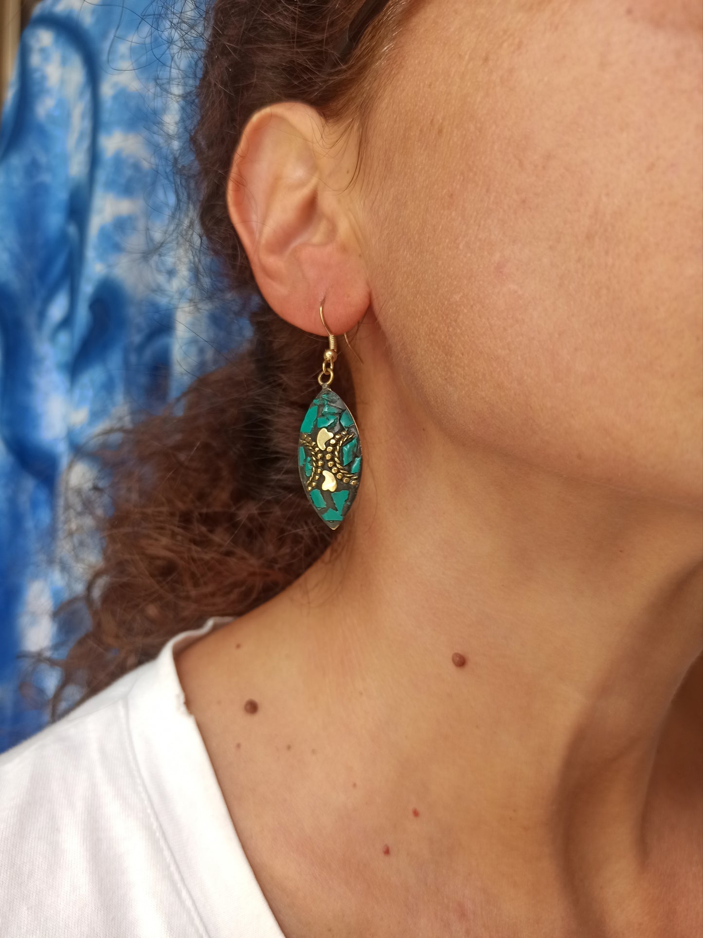 Turquoise green Nepalese mosaic earring