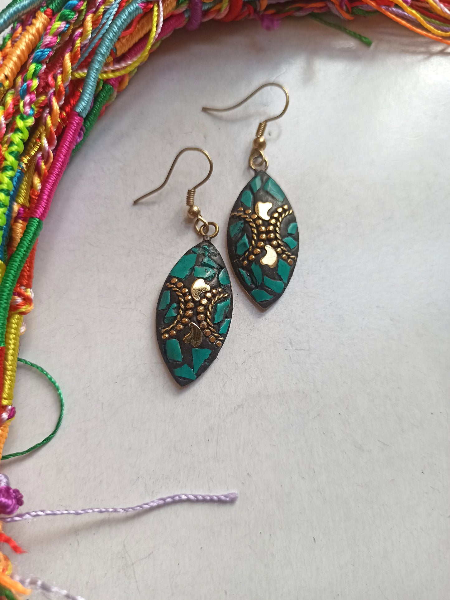 Turquoise green Nepalese mosaic earring