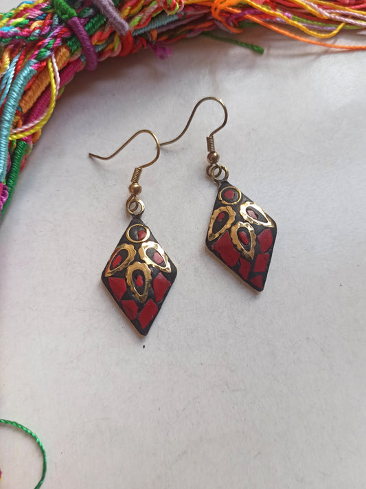 Red Nepalese mosaic rhombus earrings