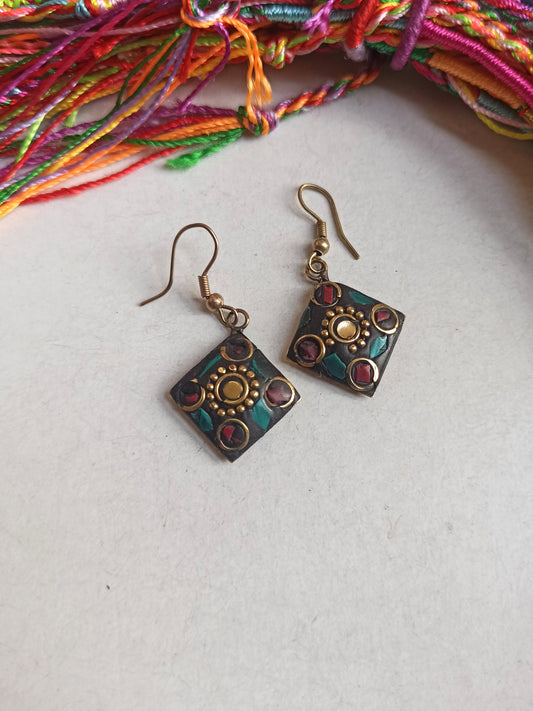 Red and turquoise Nepalese mosaic earrings