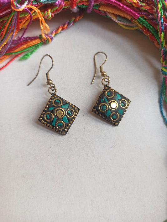 Turquoise green Nepalese mosaic earring