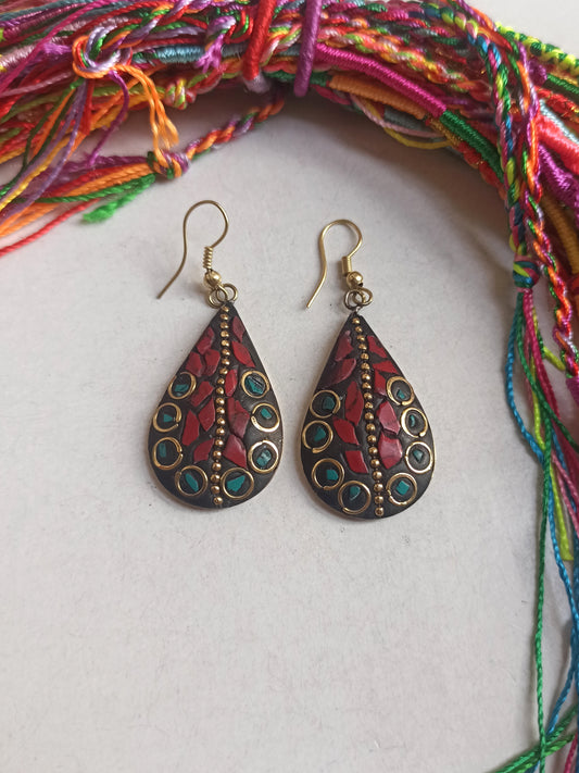 Red and turquoise Nepalese mosaic earrings