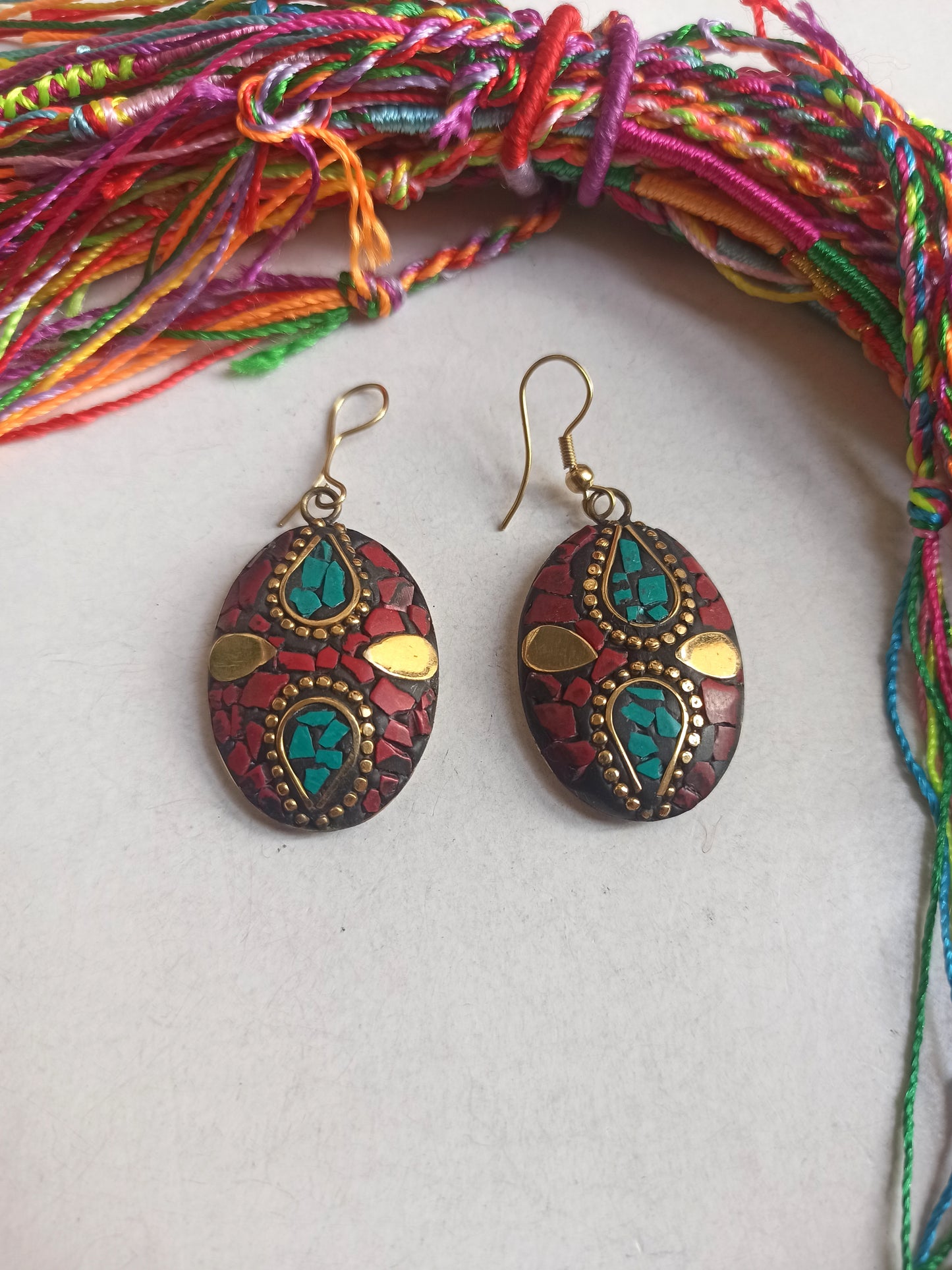 Red and turquoise Nepalese mosaic earrings