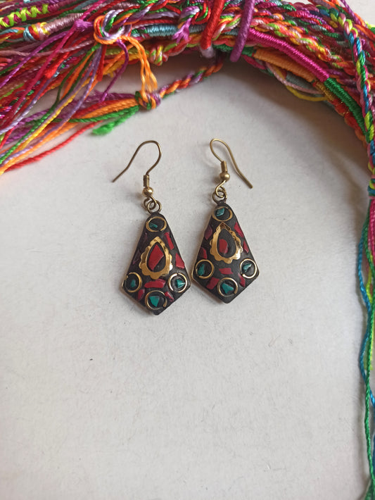 Red and turquoise Nepalese mosaic earrings