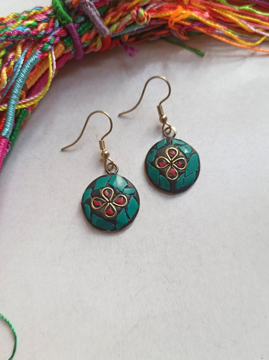 Red and turquoise Nepalese mosaic earrings