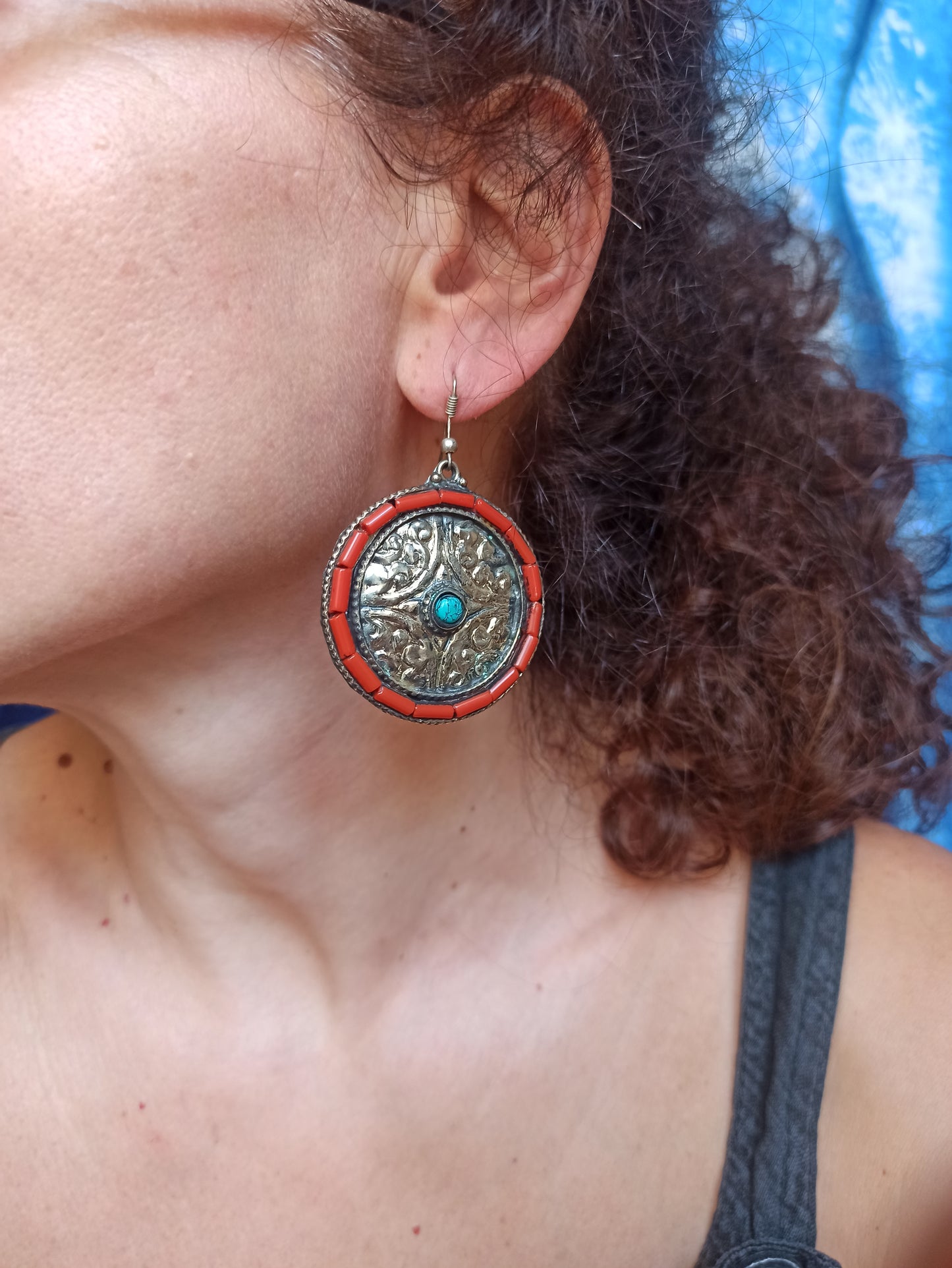 Red and turquoise Nepalese earrings