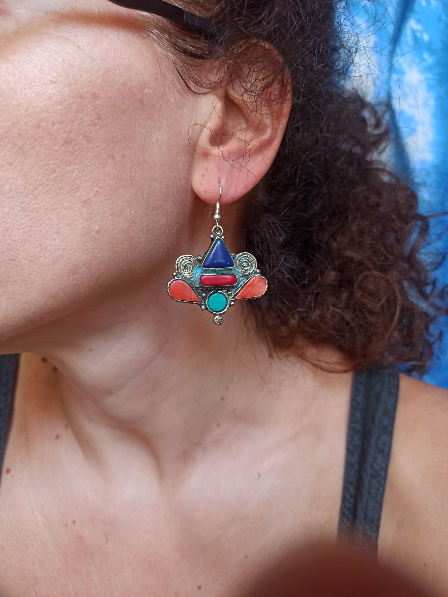 Nepalese Blue Red Turquoise Earrings Defective