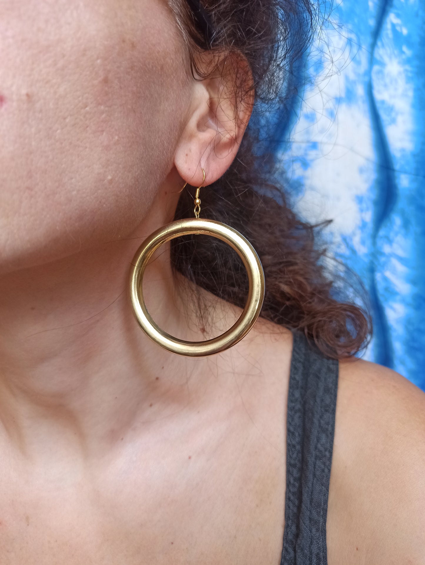 Boho earrings golden hoops double smooth dangle