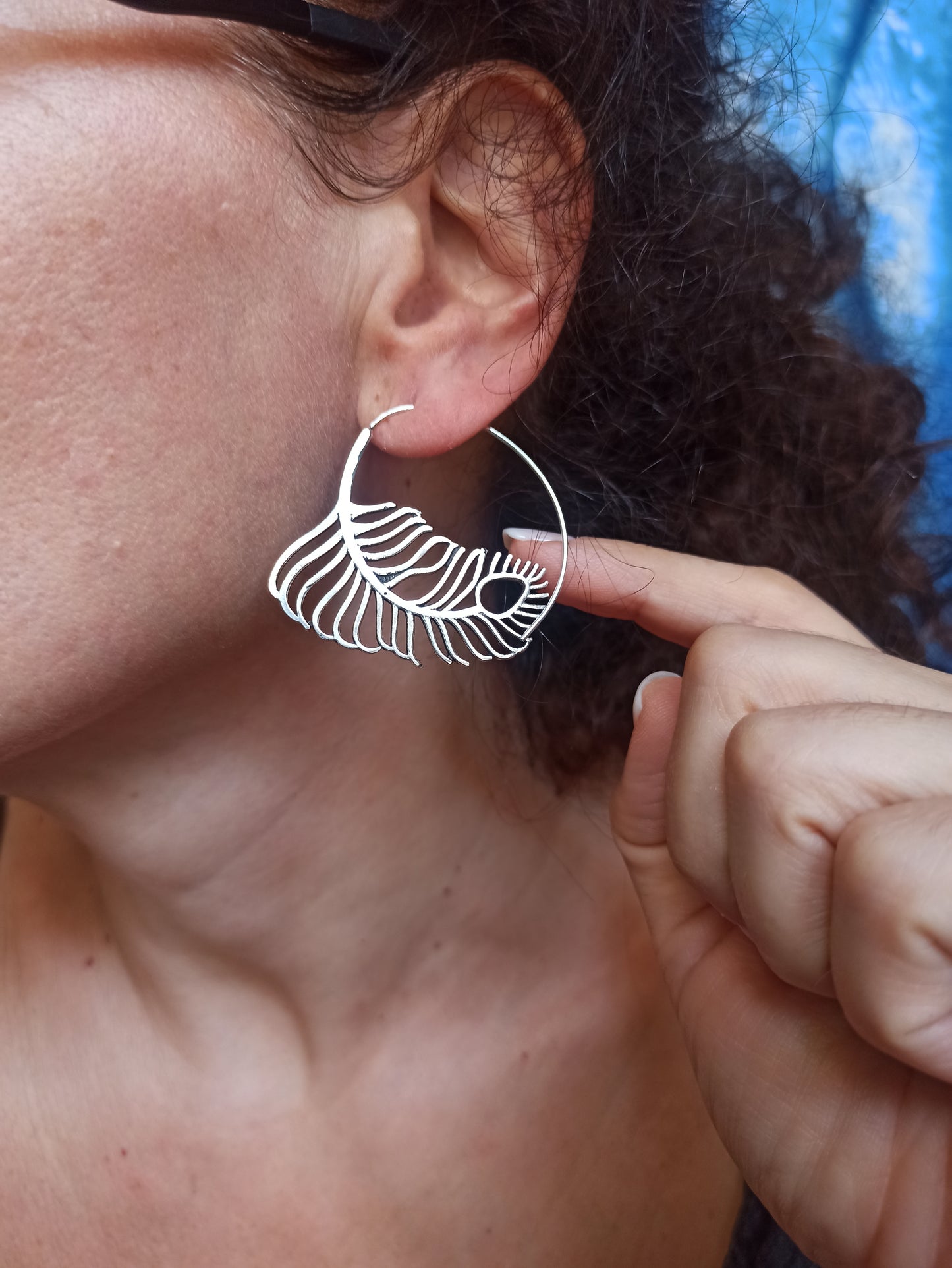 Silver spiral feather boho earrings