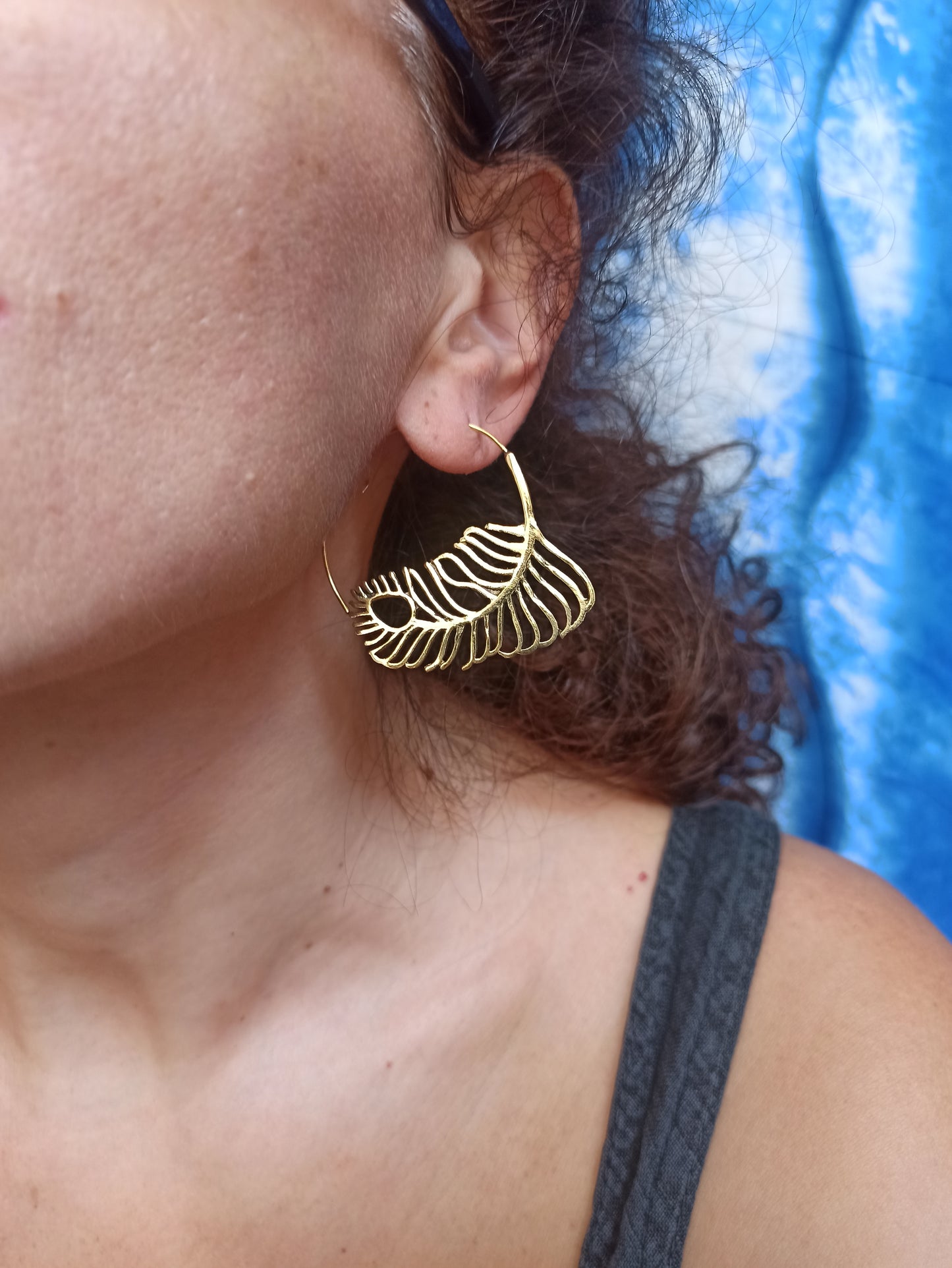 Boho golden spiral feather earrings