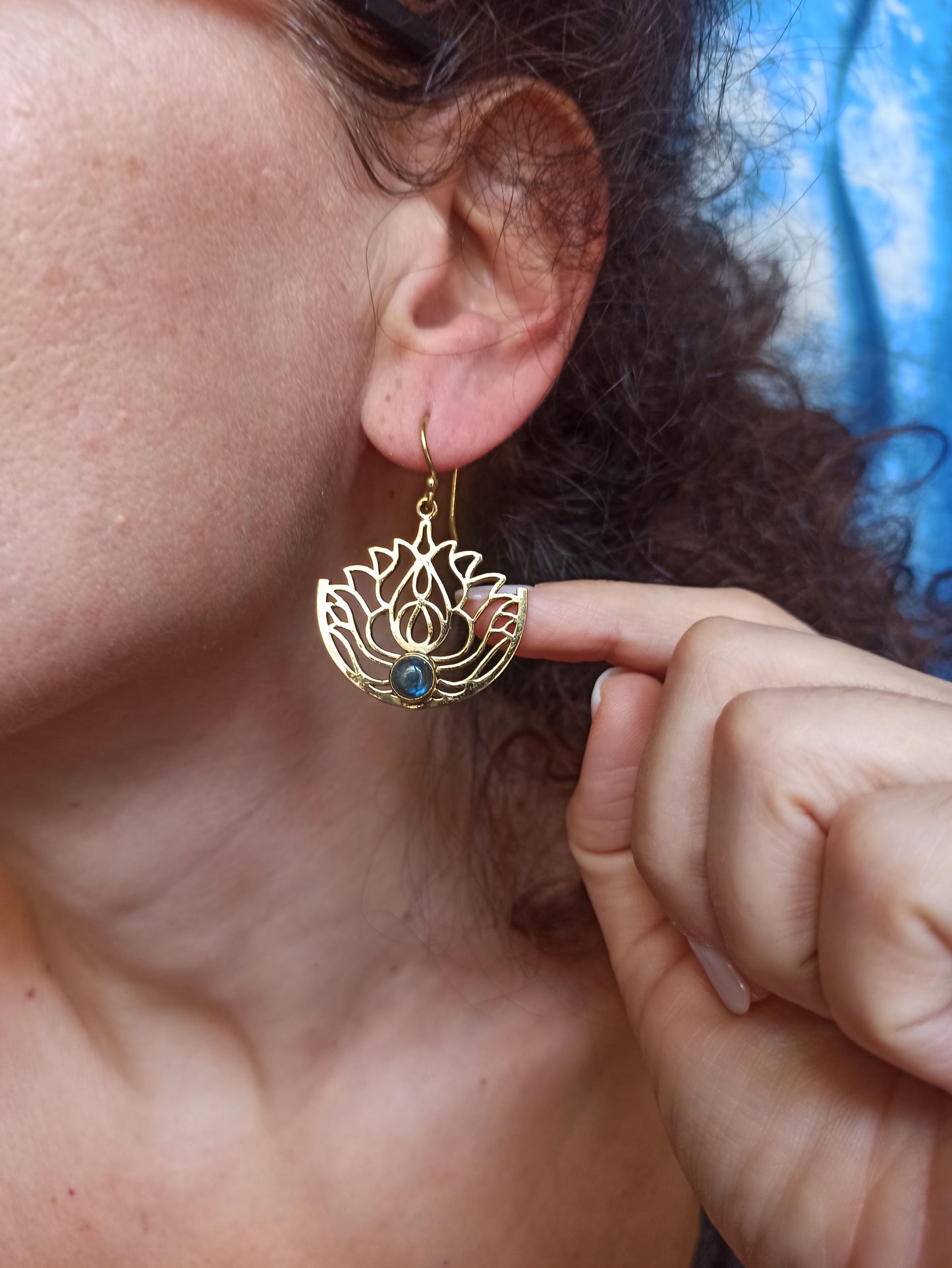 Golden labradorite lotus flower boho earrings