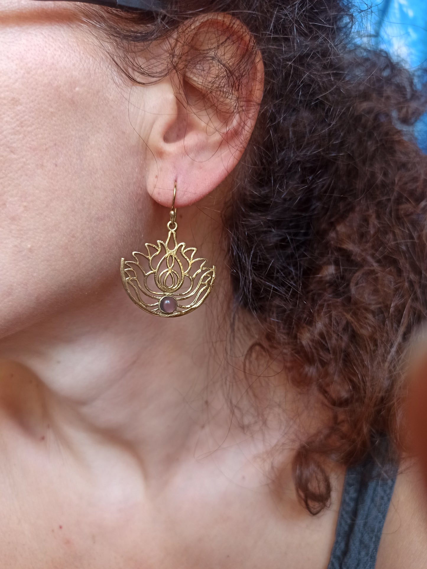 Boho earrings gold purple lotus flower