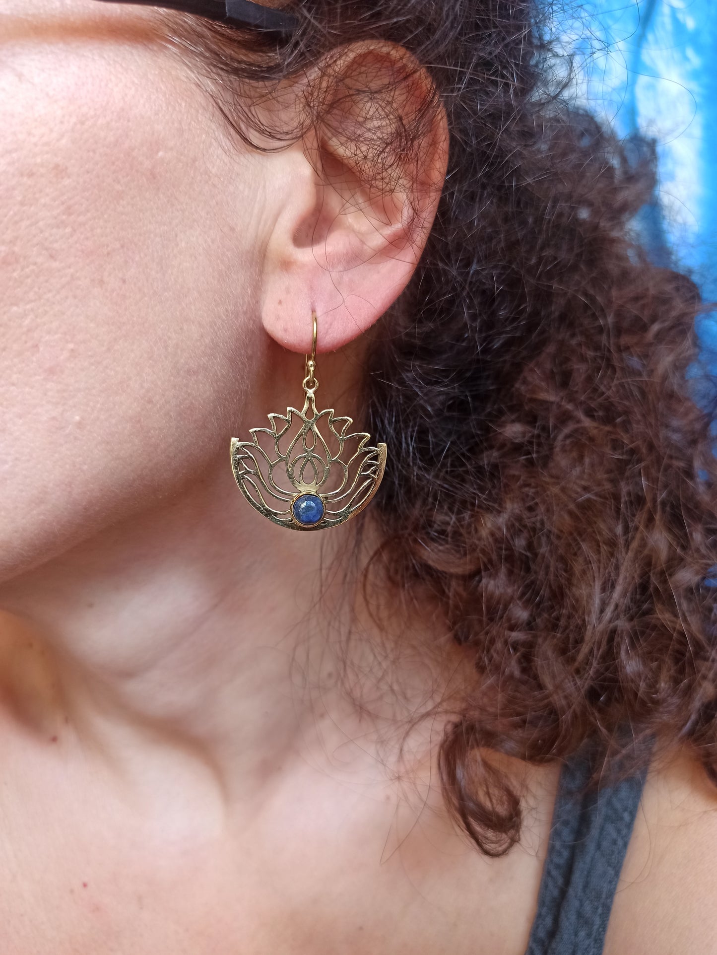 Gold Boho Earrings Lotus Flower Lapis