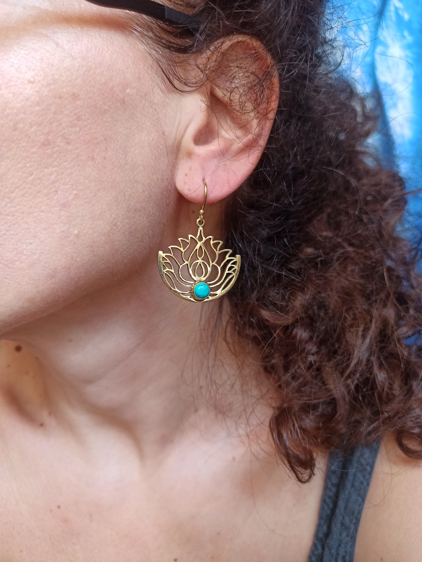 Gold Turquoise Lotus Flower Boho Earrings